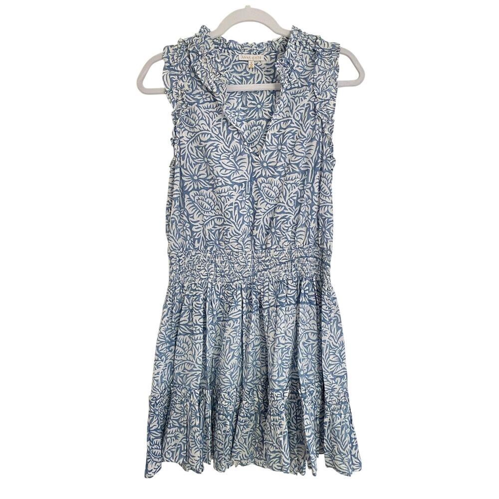 Anna Cate Tuckernuck Morgan Mini Smocked Blue White Block Print Ruffle Dress M